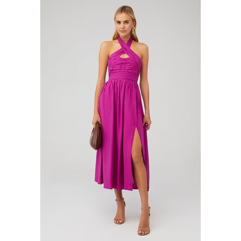 ASTR The Label Fuchsia Linen Blend Halter Midi Dress Slit Pink Size S ACDR101778